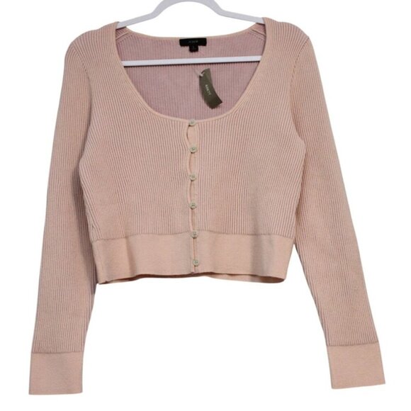 NWT J Crew Cropped Cardigan Sweater Large Ribbed Knit Low Cut Scoop Neck Preppy - Picture 1 of 11